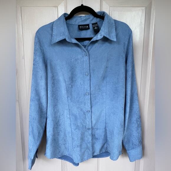 New York & Company Blue Suede like Button Down Shirt | Size L - Picture 1 of 5